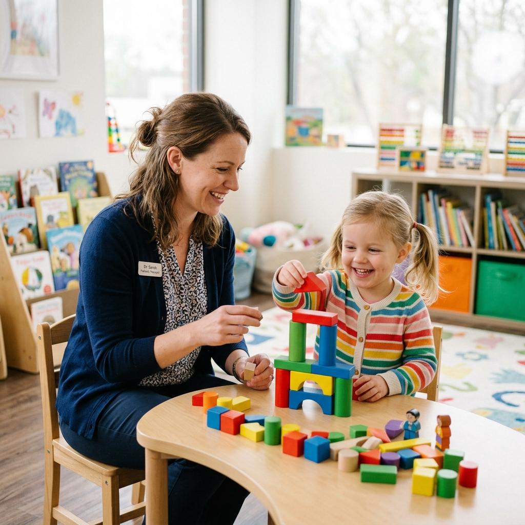 Pediatric therapy therapist working with child with blocks